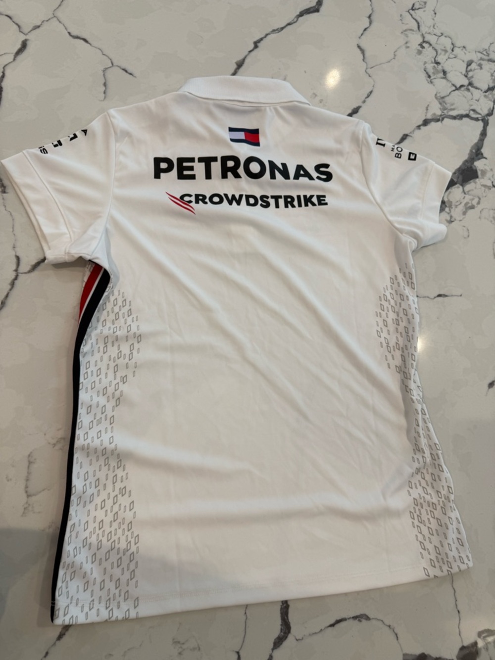 Mercedes AMG Petronas White Polo Jersey with Red and Navy Blue Stripes - Picture 5 of 6